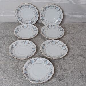7 Vintage Harmony House Fine China Dawn Gray Horizon Blue Saucers Berries Leaves